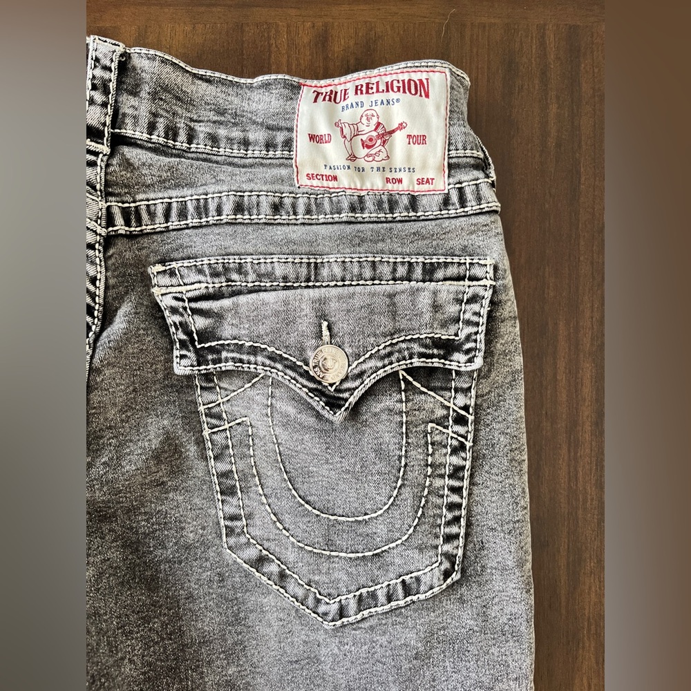 True Religion Ricky Relaxed Straight Jeans Men's 32x32 Gray Acid Wash Big T Flap